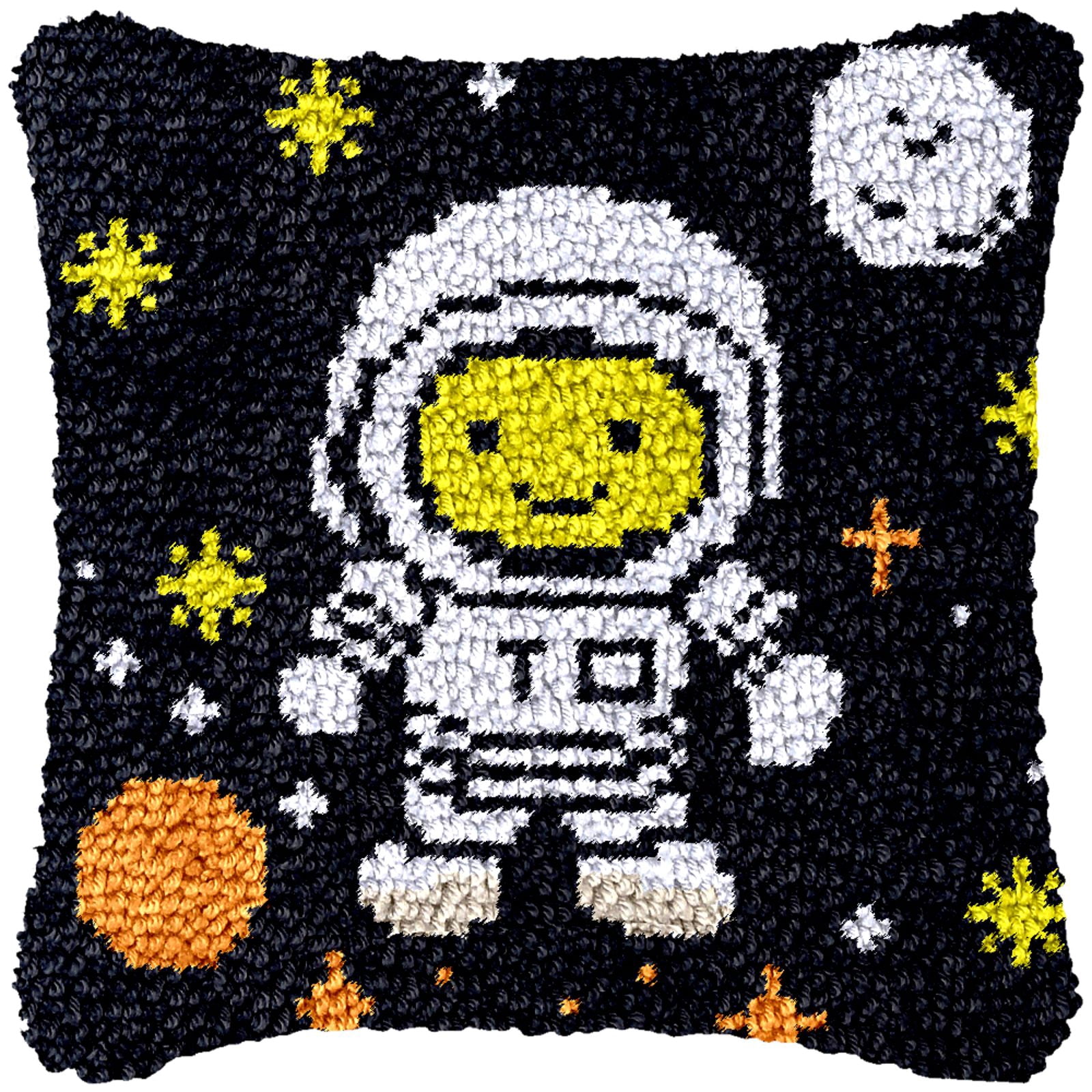 Latch Hook Kits for Adults Kids,Astronaut Pattern Color Printed Canvas DIY Throw Pillow Cover,Beginners Handmade Needlework Crafts Home Decoration 17x17inch