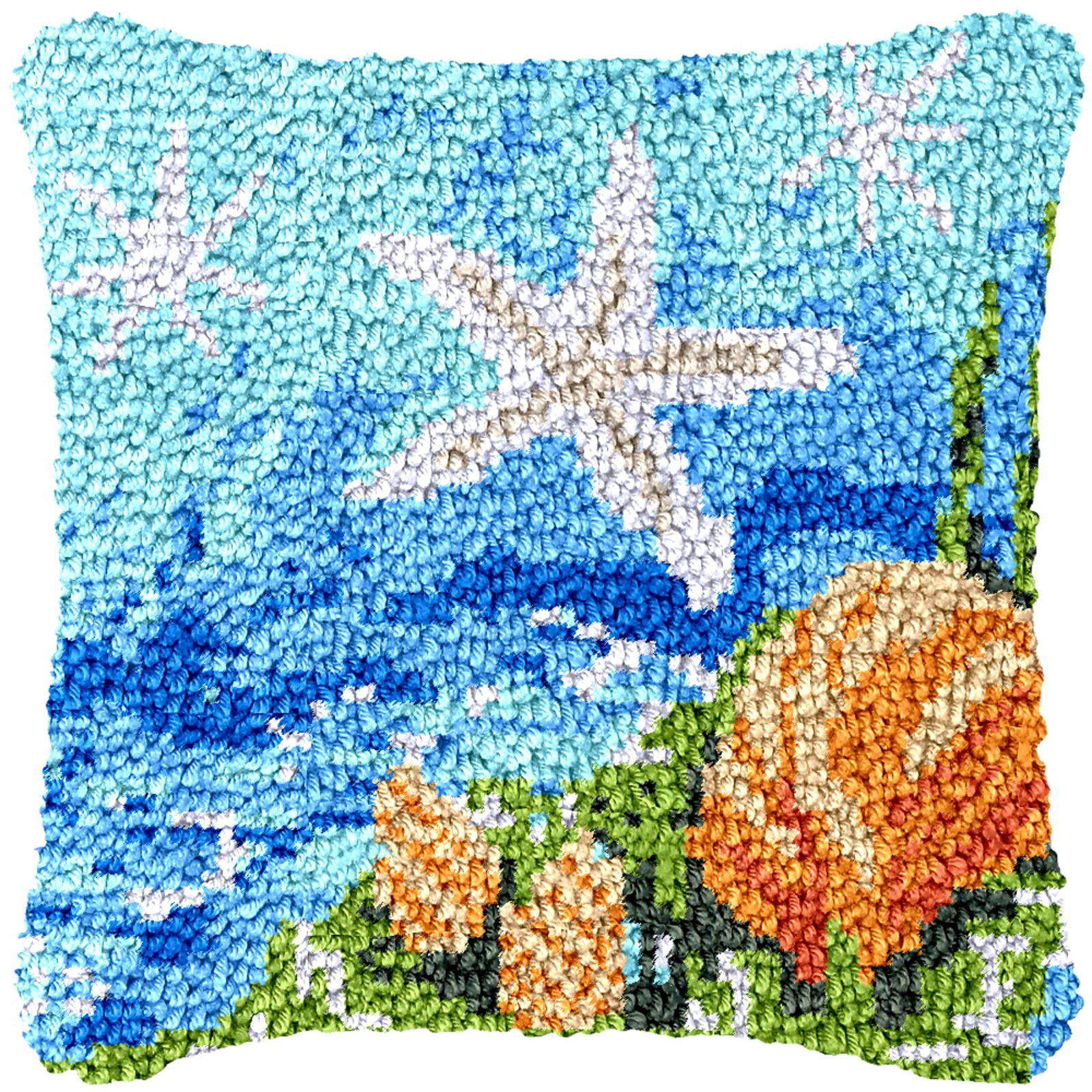 Latch Hook Kits for Adults Kids,Starfish and Shells Pattern Color Printed Canvas DIY Throw Pillow Cover,Beginners Handmade Needlework Crafts Home Decoration 17x17inch