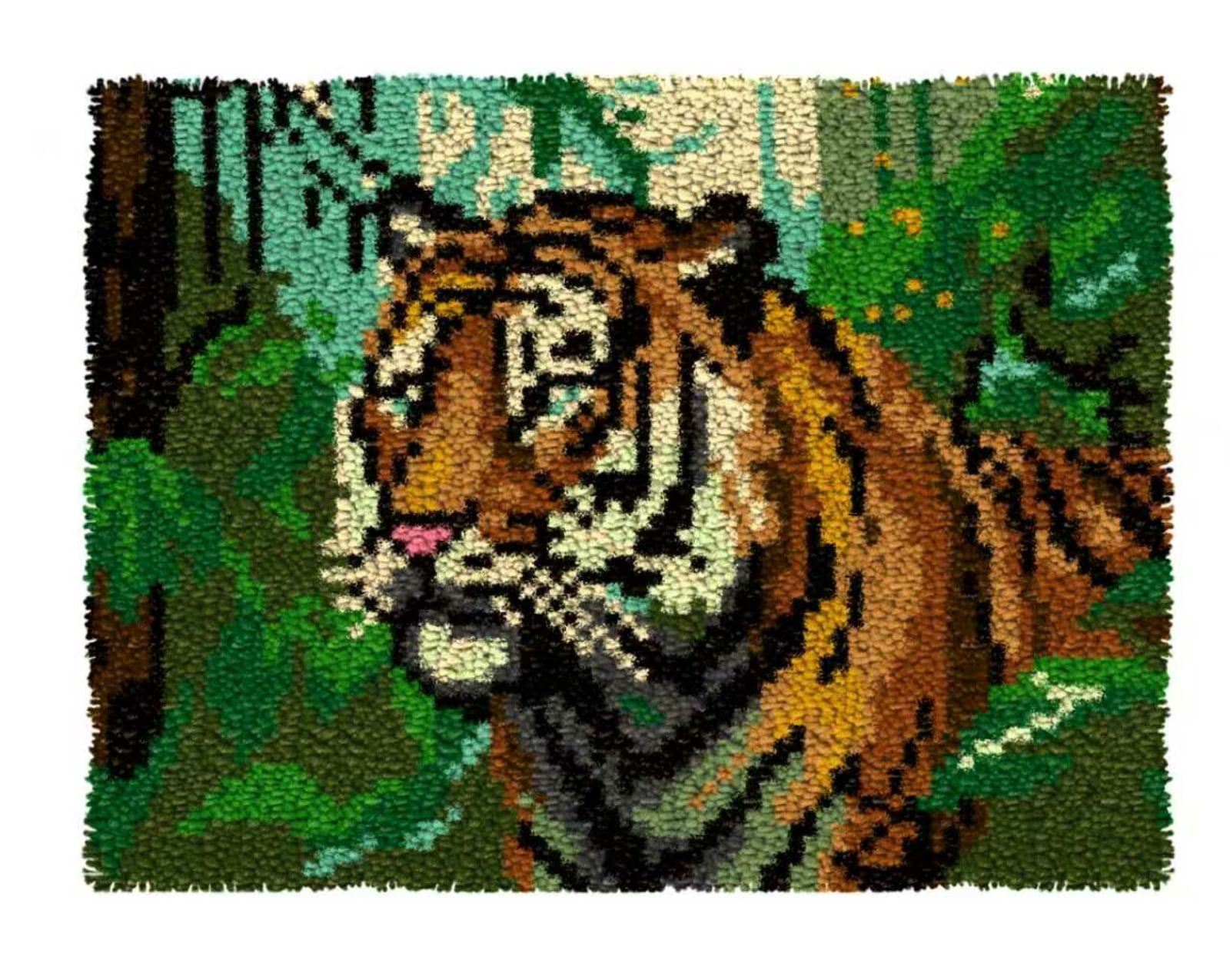 Latch Hook Kits for Adults Kids,Tiger Pattern Color Printed Canvas DIY Rug Kits Carpet Embroidery Sofa Cushion,Beginners Handmade Needlework Crafts Home Decoration 20.5x15inch