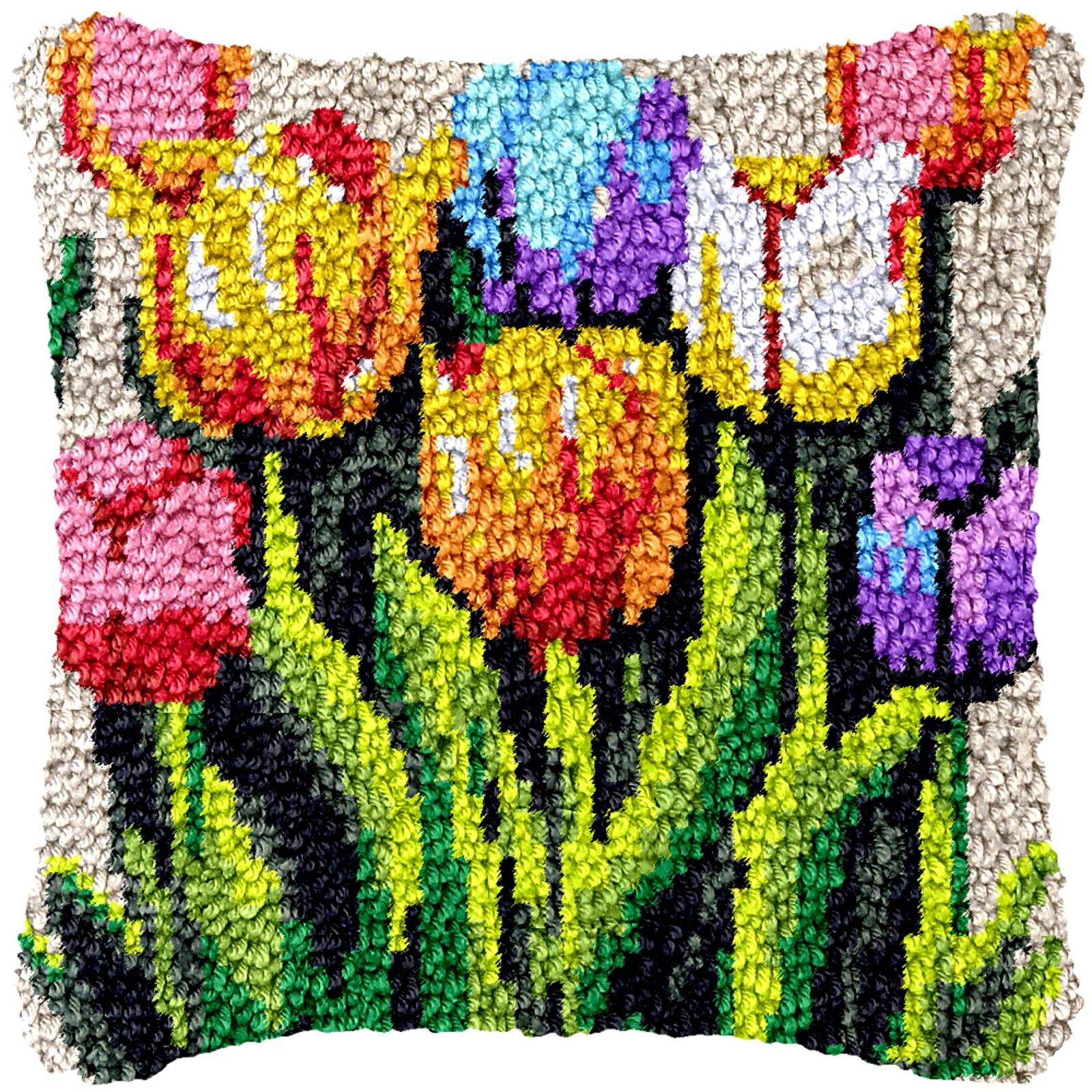 Latch Hook Kits for Adults Kids,Tulip Pattern Color Printed Canvas DIY Throw Pillow Cover,Beginners Handmade Needlework Crafts Home Decoration 17x17inch