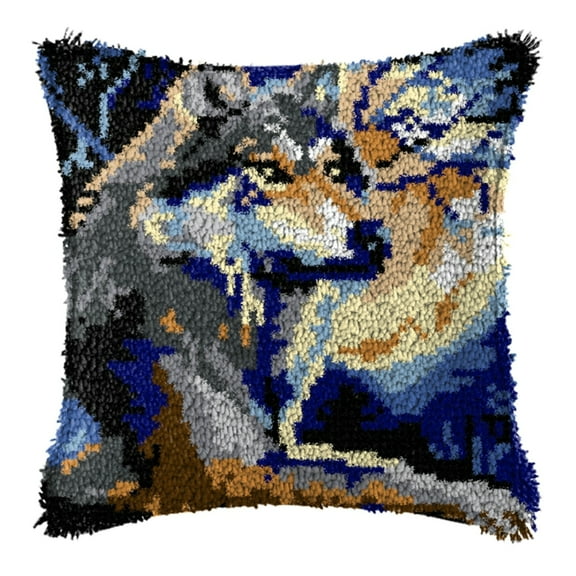 Latch Hook Kits for Adults Kids,Wolf Pattern Color Printed Canvas DIY Throw Pillow Cover,Beginners Handmade Needlework Crafts Home Decoration 17x17inch