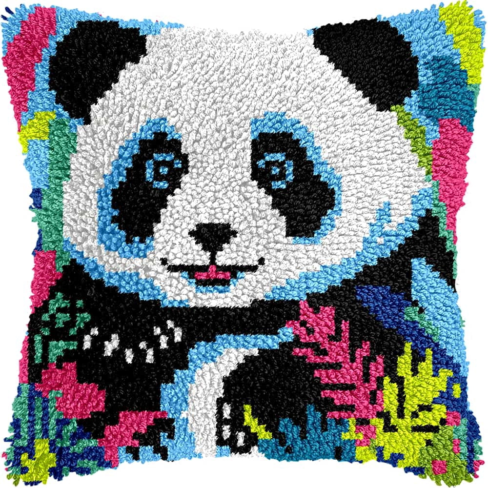 Latch Hook Kits For Adults -Panda Latch Hook Pillow Kits For Kids, Crochet Yarn Kit For Beginners, Diy Needlework Crafts Cover Case With Printed Canvas 17X17Inch
