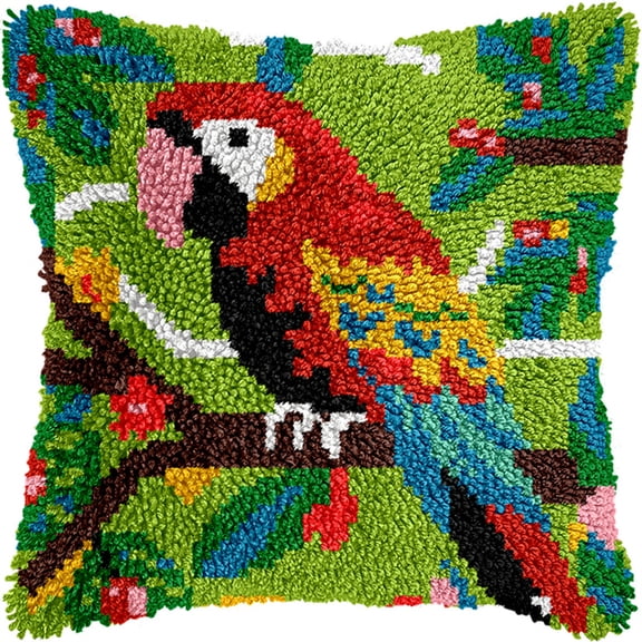 Latch Hook Kits For Adults, Parrot Standing In The Tree Diy Decor Pattern Pillow Cover Kit Needlework Cushion Cover Hand Craft Crochet For Home Sofa Decorations 17 X 17 Inch