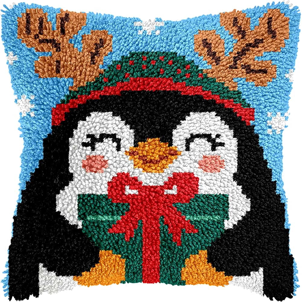Latch Hook Kits For Adults -Penguin Latch Hook Pillow Kits For Kids, Crochet Yarn Kit For Beginners, Diy Needlework Crafts Cover Case With Printed Canvas 17X17Inch