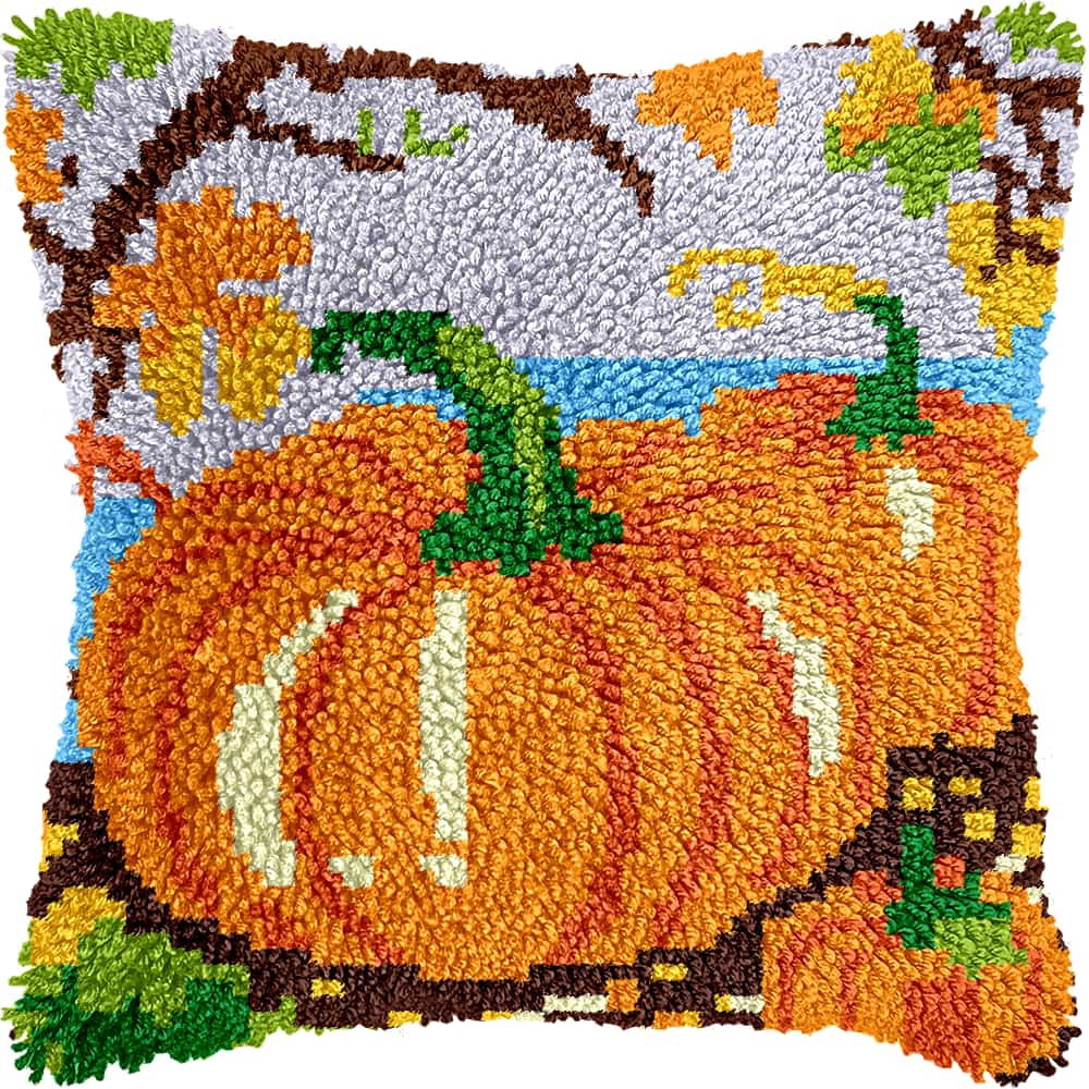 Latch Hook Kits For Adults -Pumpkin Latch Hook Pillow Kits For Kids, Crochet Yarn Kit For Beginners, Diy Needlework Crafts Cover Case With Printed Canvas 17X17Inch