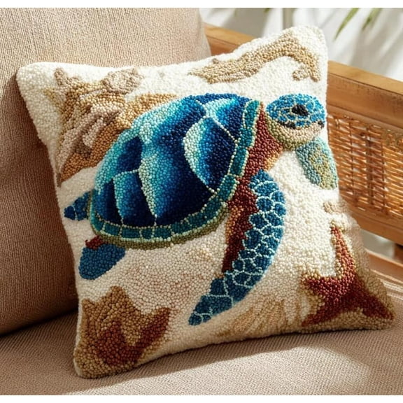 Latch Hook Kits For Adults -Sea Turtle Latch Hook Pillow Kits For Kids,Crochet Yarn Kit For Beginners,Diy Needlework Crafts Cover Case With Printed Canvas 17X17Inch