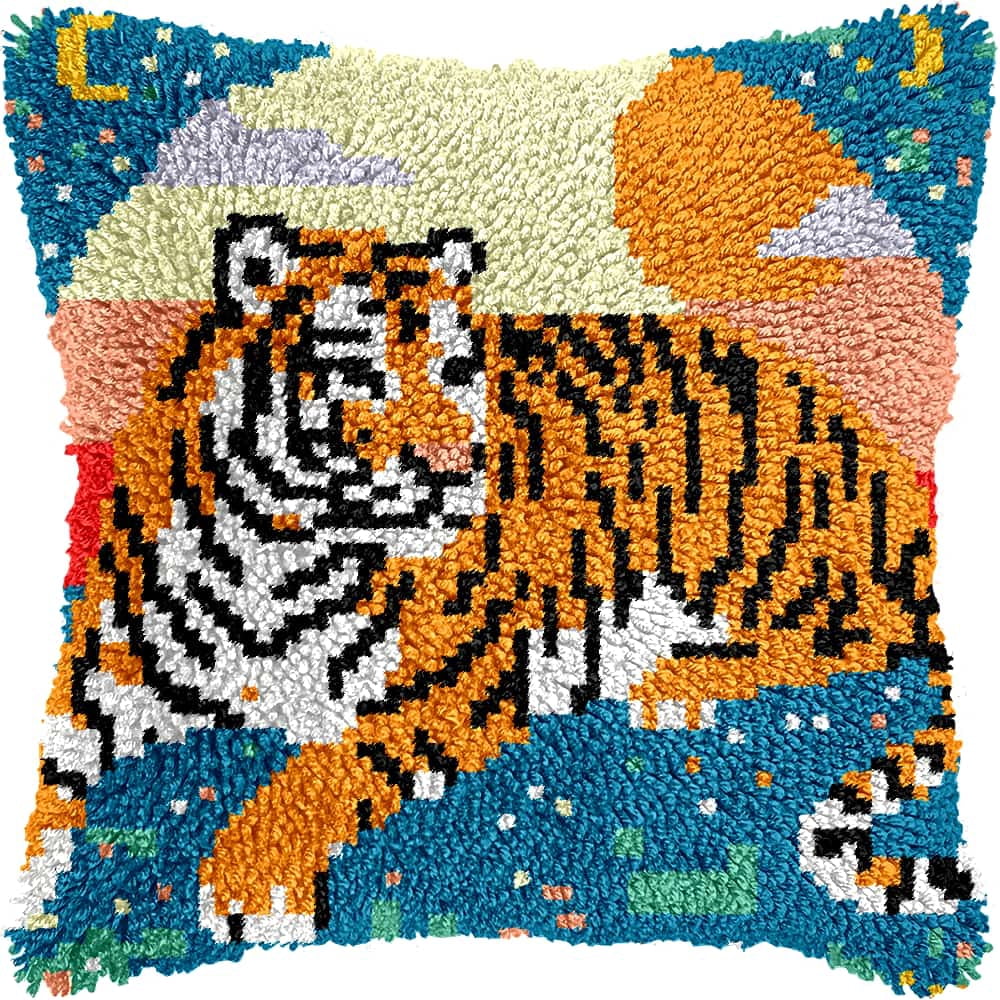 Latch Hook Kits For Adults -Tiger Latch Hook Pillow Kits For Kids, Crochet Yarn Kit For Beginners, Diy Needlework Crafts Cover Case With Printed Canvas 17X17Inch