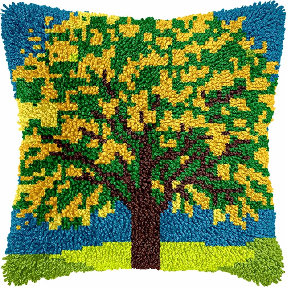 Latch Hook Kits For Adults -Tree Latch Hook Pillow Kits For Kids,Crochet Yarn Kit For Beginners,Diy Needlework Crafts Cover Case With Printed Canvas 17X17Inch