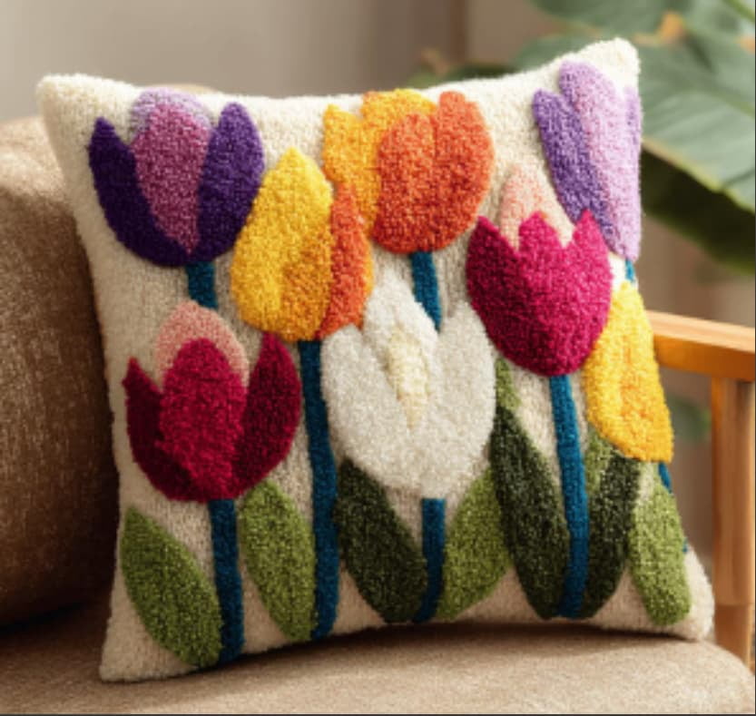 Latch Hook Kits For Adults -Tulip Latch Hook Pillow Kits For Kids,Crochet Yarn Kit For Beginners,Diy Needlework Crafts Cover Case With Printed Canvas 17X17Inch