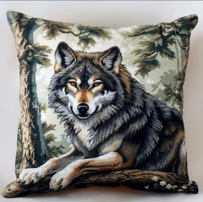 Latch Hook Kits For Adults -Wolf Latch Hook Pillow Kits For Kids,Crochet Yarn Kit For Beginners,Diy Needlework Crafts Cover Case With Printed Canvas 17X17Inch