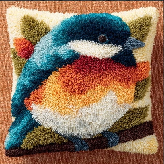 Latch Hook Kits, Bird Pillow Cover Diy Crochet Hook Cushion Rug Making Kits With Printed Pattern Canvas Needlework Hooking Adorment 43X43Cm