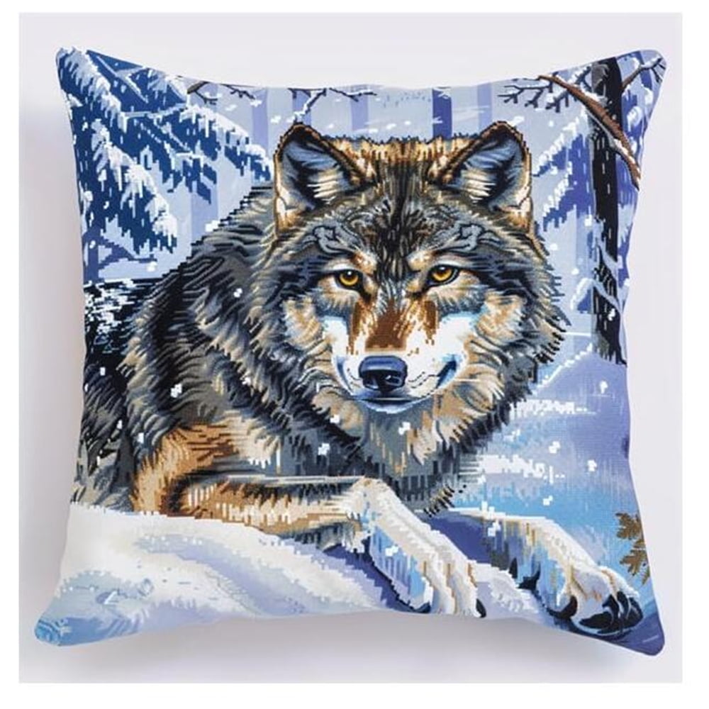 Latch Hook Kits Cushion for Adults Wolf Latch Hook Kits for Adults Beginners DIY Handmade Pillowcase for Beginners Pre-Printed Pattern Needlework Crochet Craft Kits for Sofa Decoratio 17X17Inch