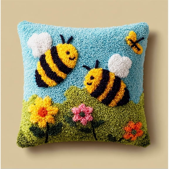 Latch Hook Kits for DIY Throw Pillow Cover, Bee and Flower Butterfly Colorful Handmade Pillow Case Cross-Stitch Embroidery Cushion for Home Decoration,17X17Inch