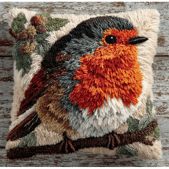 Latch Hook Kits DIY Throw Pillow Cover Robin Bird Latch Hook Sofa Cushion Cover Embroidery Craft Kit for Adults and Beginners Pattern Printed Canvas Creativity Crochet Gift 43*43cm