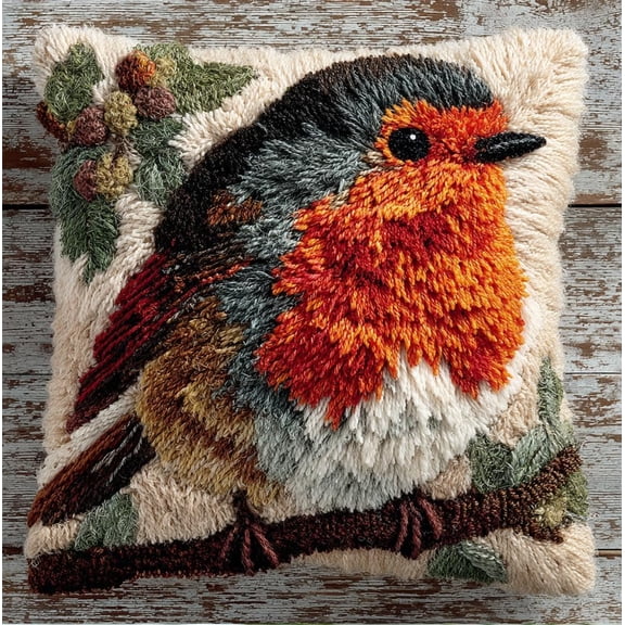 Latch Hook Kits DIY Throw Pillow Cover Robin Bird Latch Hook Sofa Cushion Cover Embroidery Craft Kit for Adults and Beginners Pattern Printed Canvas Creativity Crochet Gift 17X17Inch