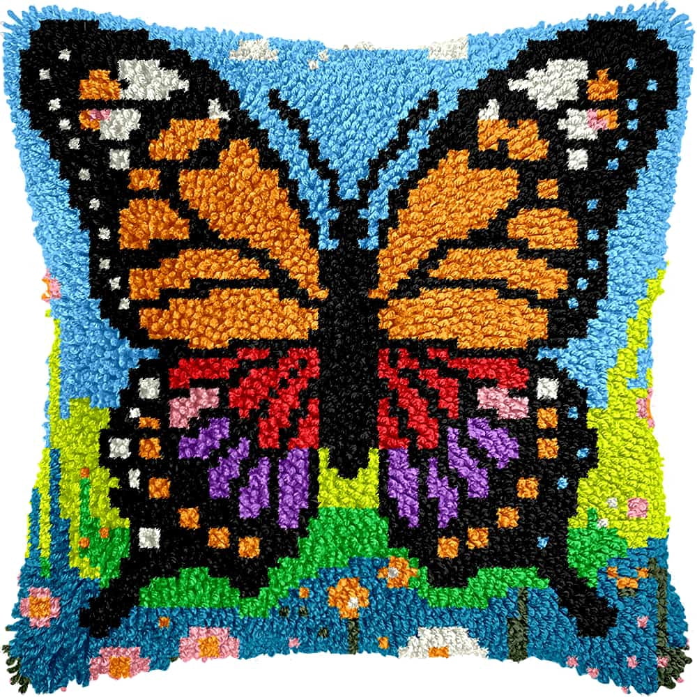 Latch Hook Kits For Adults Butterfly Diy Latch Hook Rug Kit For Beginners Embroidery Cushion Canvasfor Adult Beginners 43X43Cm