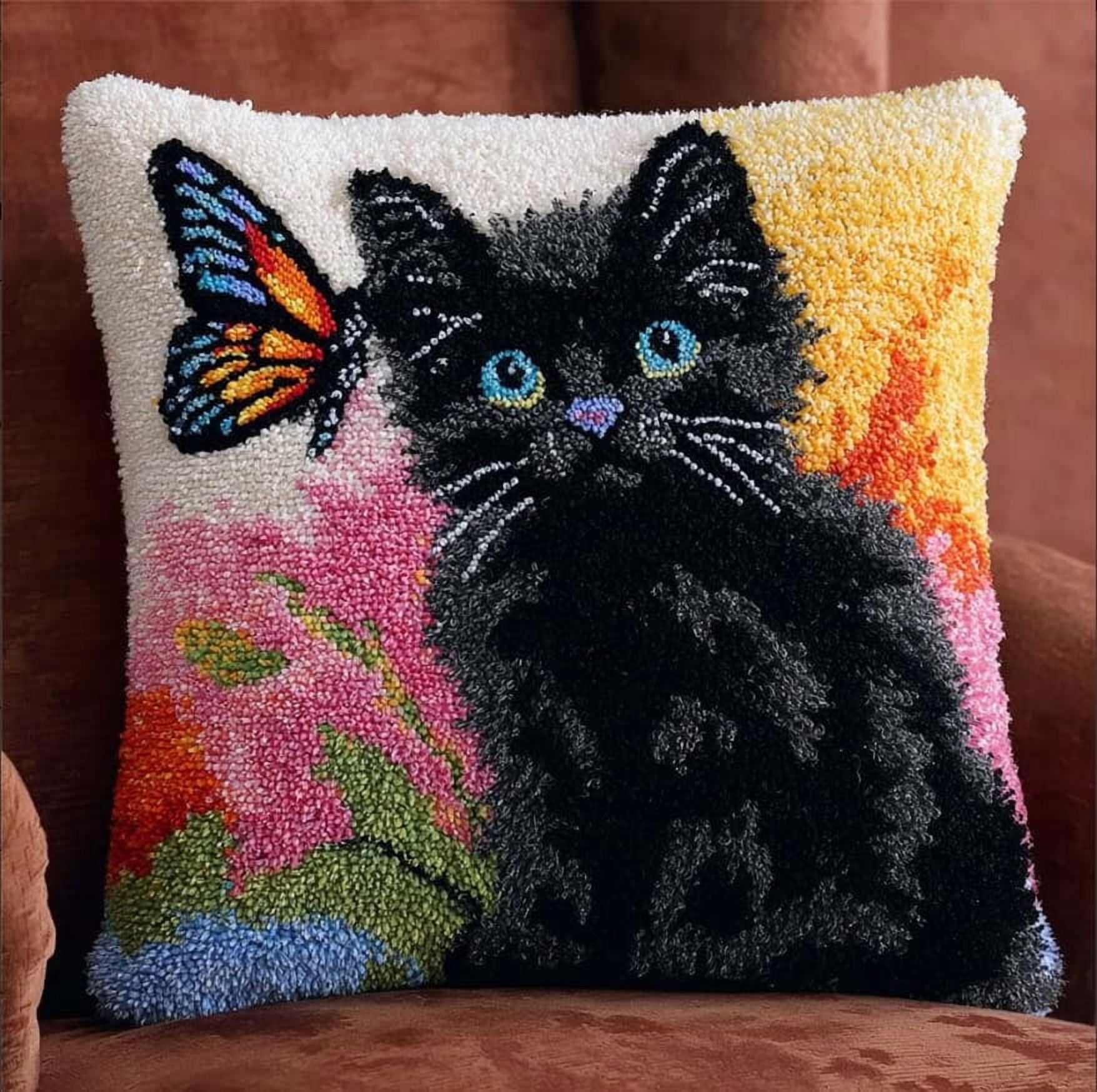 Latch Hook Kits For Adults Cat Butterfly Diy Latch Hook Rug Kit For Beginners Embroidery Cushion Canvasfor Adult Beginners 43X43Cm