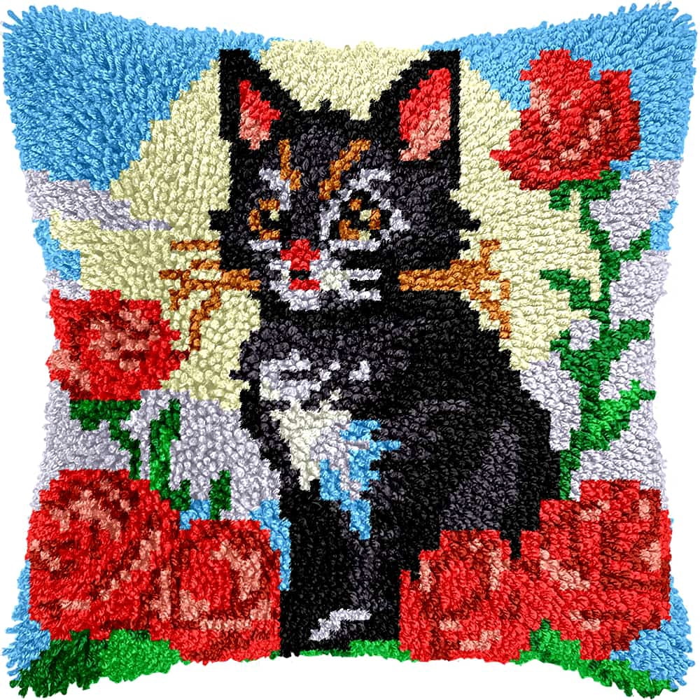 Latch Hook Kits For Adults Cat Diy Latch Hook Rug Kit For Beginners Embroidery Cushion Canvasfor Adult Beginners 43X43Cm