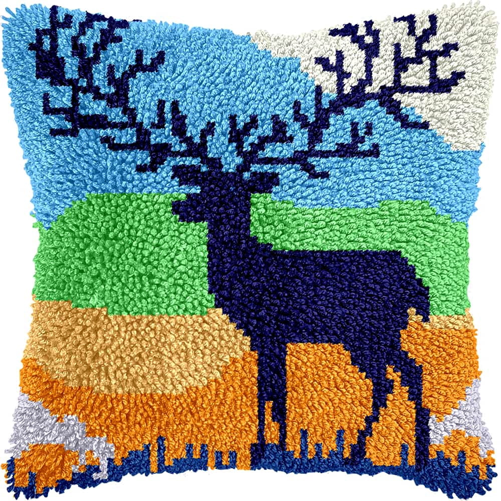 Latch Hook Kits For Adults Deer Diy Latch Hook Rug Kit For Beginners Embroidery Cushion Canvasfor Adult Beginners 43X43Cm