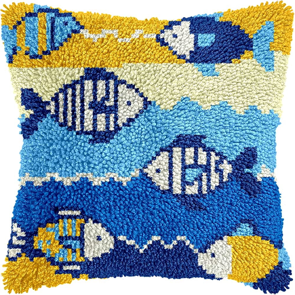 Latch Hook Kits For Adults Fish Diy Latch Hook Rug Kit For Beginners Embroidery Cushion Canvasfor Adult Beginners 43X43Cm