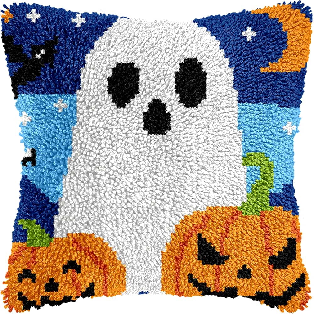 Latch Hook Kits For Adults Halloween Ghosts Diy Latch Hook Rug Kit For Beginners Embroidery Cushion Canvasfor Adult Beginners 43X43Cm