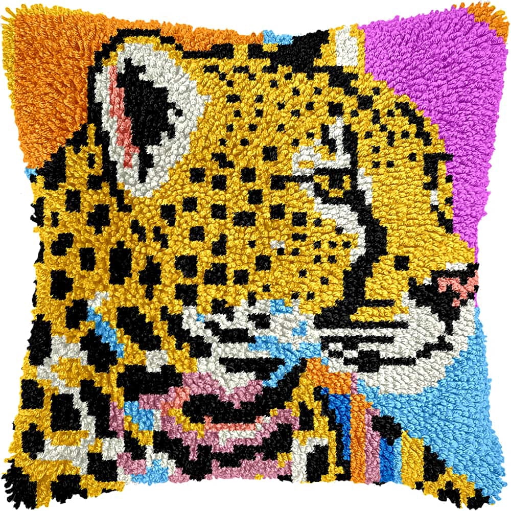 Latch Hook Kits For Adults Leopard Diy Latch Hook Rug Kit For Beginners Embroidery Cushion Canvasfor Adult Beginners 43X43Cm