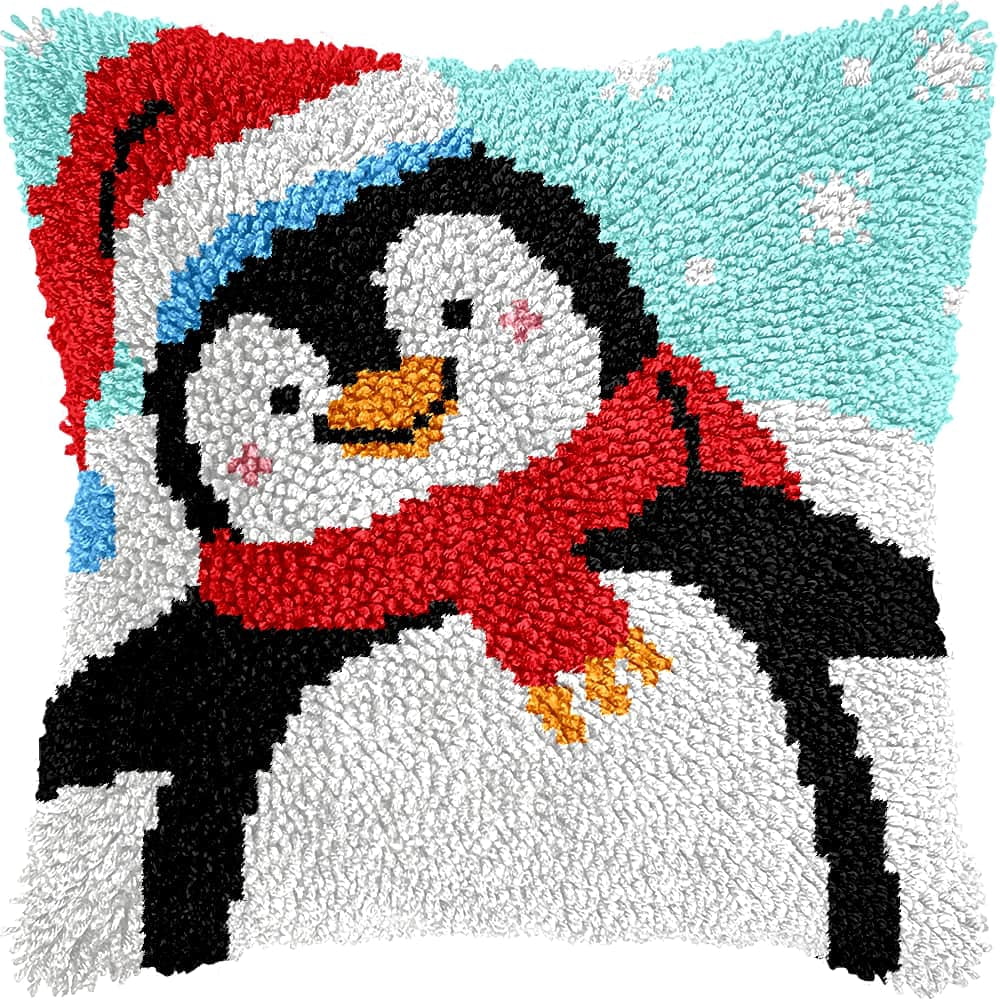 Latch Hook Kits For Adults Penguin Diy Latch Hook Rug Kit For Beginners Embroidery Cushion Canvasfor Adult Beginners 43X43Cm