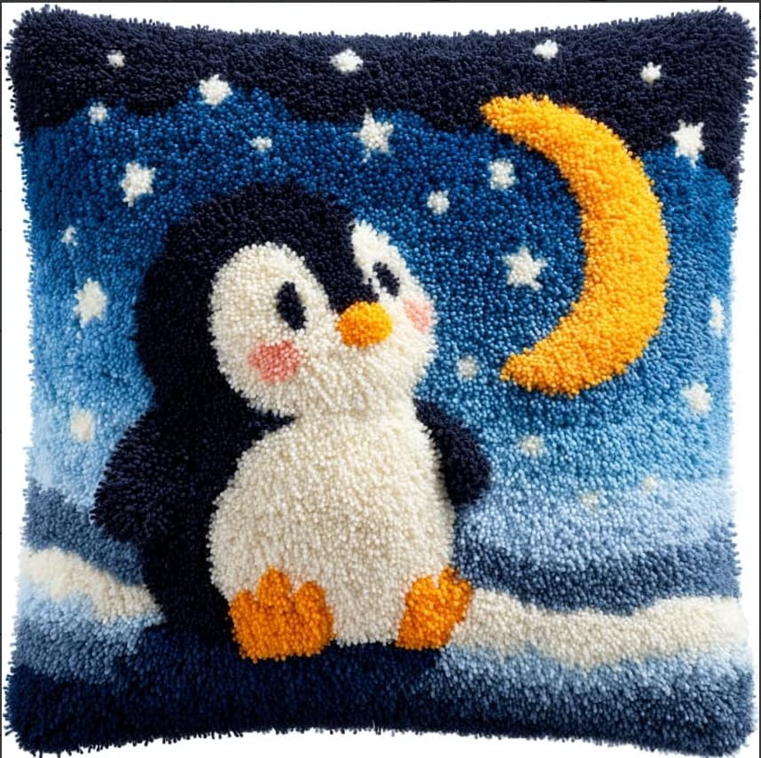 Latch Hook Kits For Adults Penguin Diy Latch Hook Rug Kit For Beginners Embroidery Cushion Canvasfor Adult Beginners 43X43Cm
