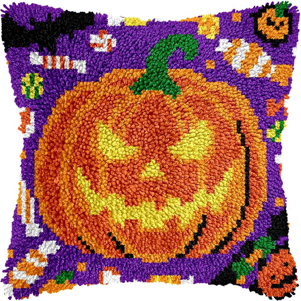 Latch Hook Kits For Adults Pumpkin Diy Latch Hook Rug Kit For Beginners Embroidery Cushion Canvasfor Adult Beginners 43X43Cm