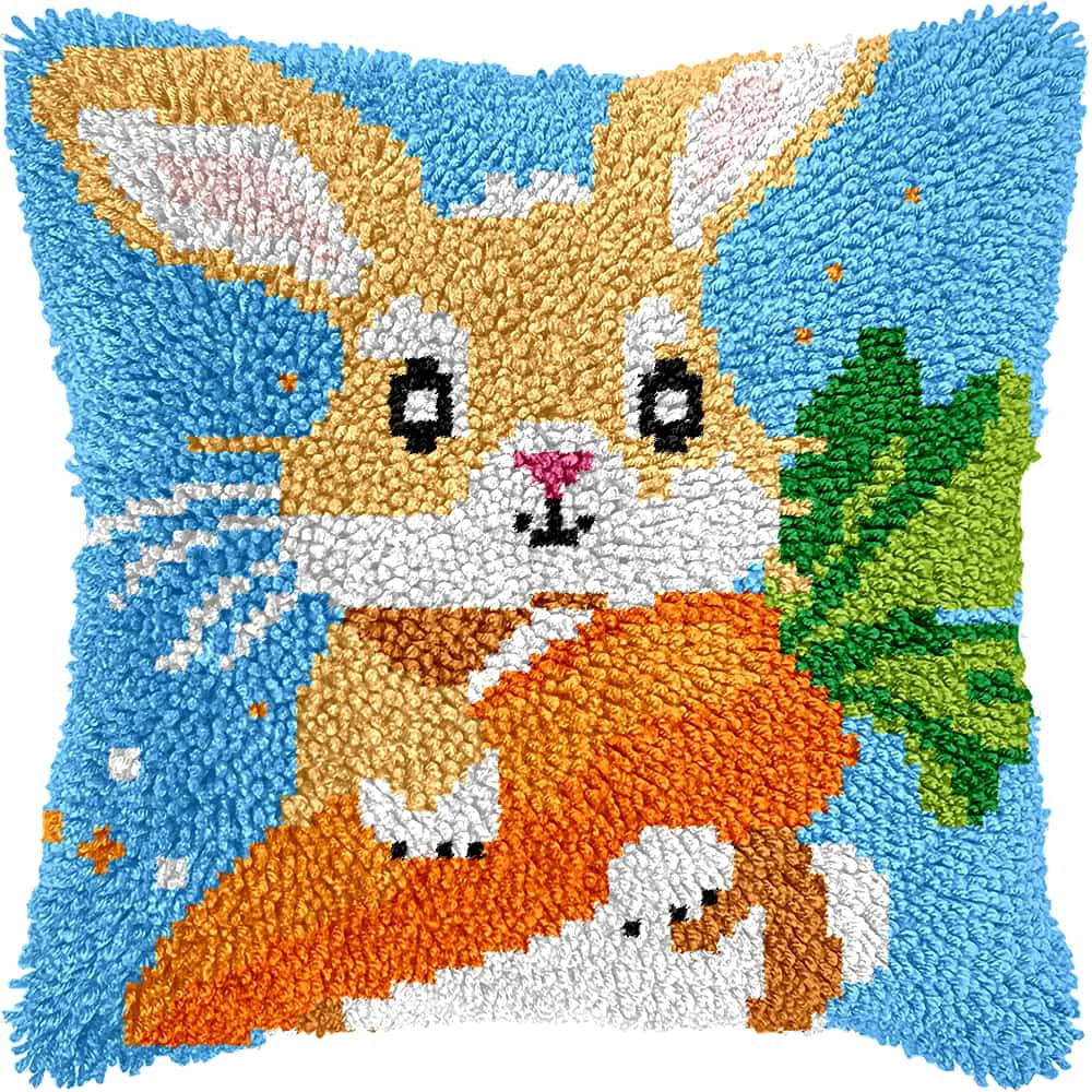 Latch Hook Kits For Adults Rabbit Carrot Diy Latch Hook Rug Kit For Beginners Embroidery Cushion Canvasfor Adult Beginners 43X43Cm