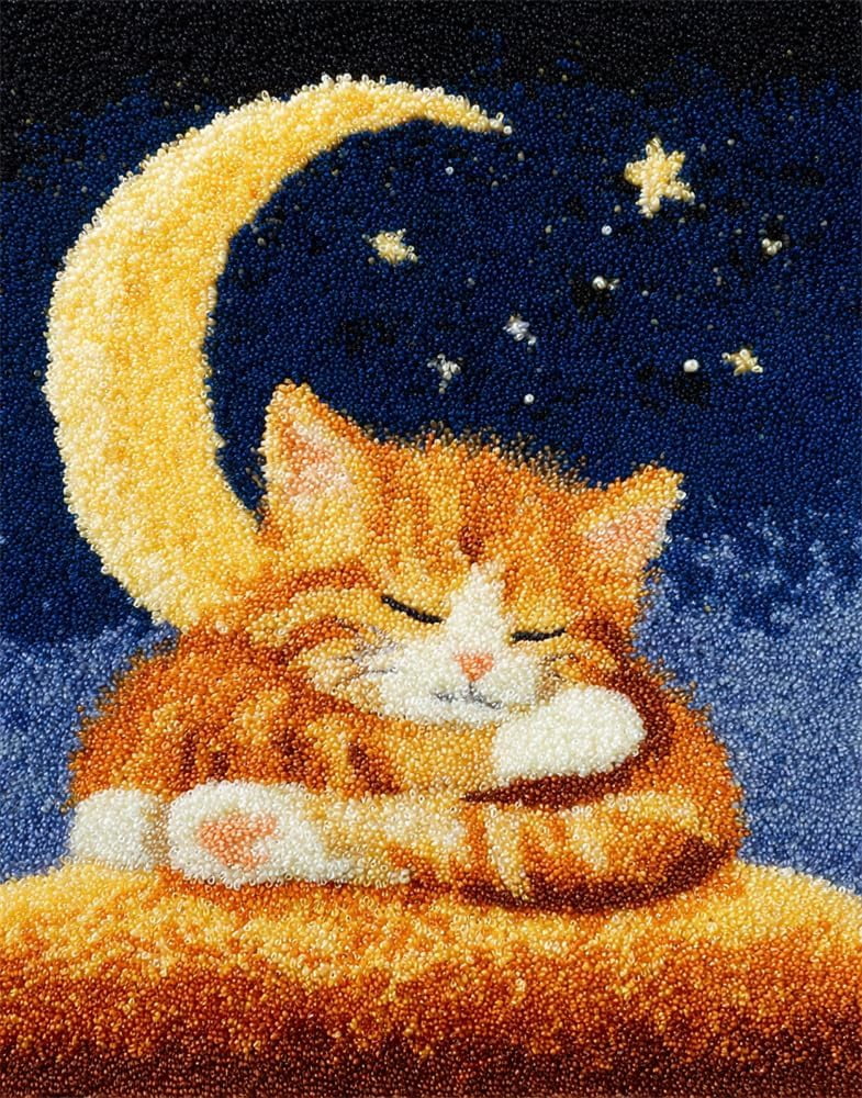 Latch Hook Kits For Adults Rug Cat Under The Moon Crafts Crochet Yarn With Pre-Printed Diy Handmade Embroidery Needlework For Home Decoration