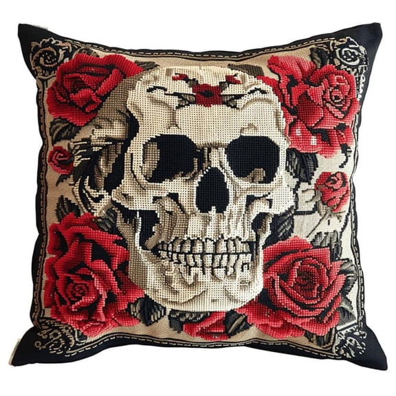 Latch Hook Kits For Adults Skull Diy Latch Hook Rug Kit For Beginners Embroidery Cushion Canvasfor Adult Beginners 43X43Cm