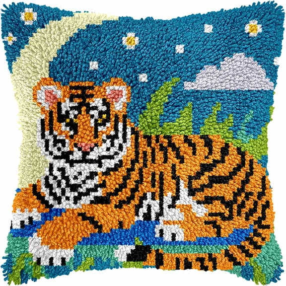 Latch Hook Kits For Adults Tiger Diy Latch Hook Rug Kit For Beginners Embroidery Cushion Canvasfor Adult Beginners 43X43Cm