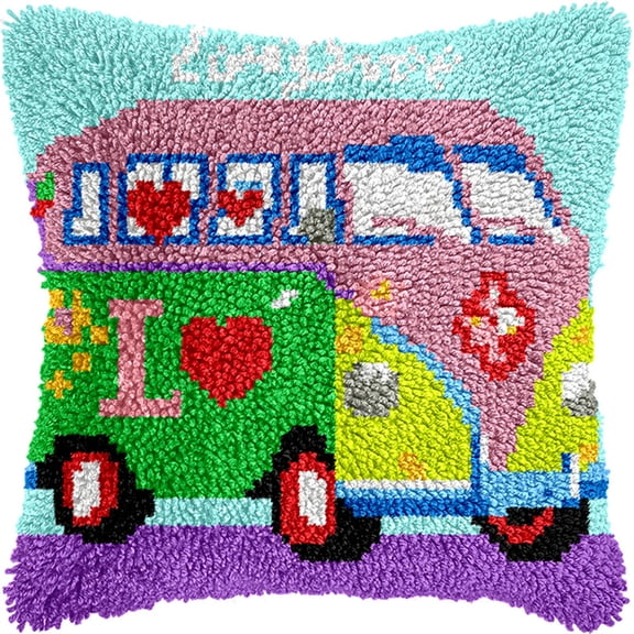 Latch Hook Kits For Kids Adults Bus Diy Rug Tapestry Kits With Printed Canvas Embroidery Festival S Home Decoration 17Inch X 17Inch