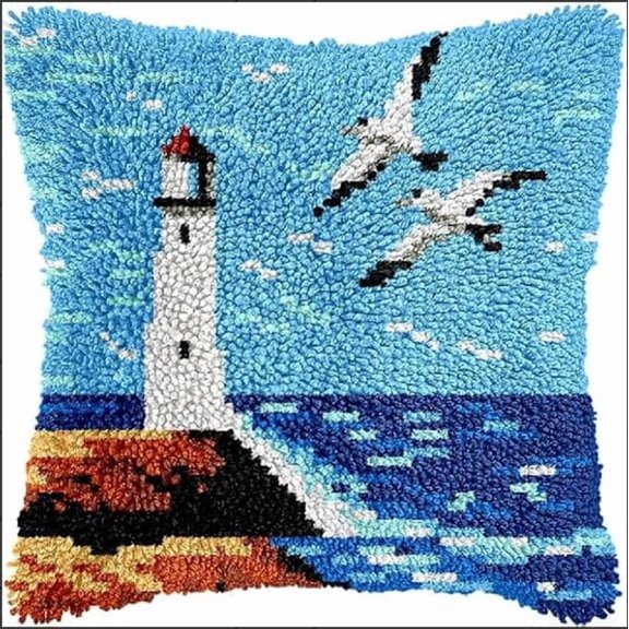 Latch Hook Kits, Lighthouse Seagull Pillow Cover Diy Crochet Hook Cushion Rug Making Kits With Printed Pattern Canvas Needlework Hooking Adorment 43X43Cm