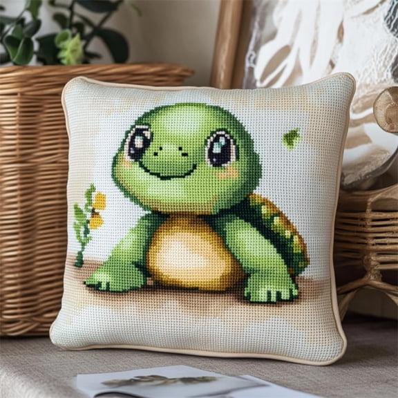 Latch Hook Kits Pillow Cute Cartoon Turtle 17X17Inch Diy Handmade Cushion Crochet Yarn Embroidery Needlework Hook And Latch Kit Pillowcase Rug Cover Home Sofa Christmas Decoration