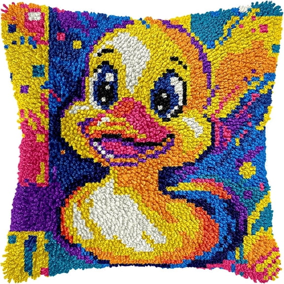 Latch Hook Kits Pillow Cute Duck 17X17Inch Diy Handmade Cushion Crochet Yarn Embroidery Needlework Hook And Latch Kit Pillowcase Rug Cover Home Sofa Christmas Decoration