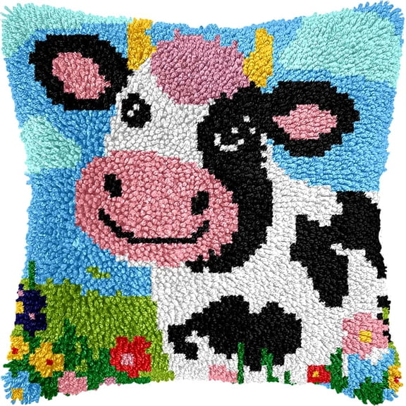 Latch Hook Kits Pillow Dairy Cow Pillowcase Sewing Making Kits Diy Crochet Yarn Kits Cross Stitch Embroidery Kits For Adults Kids Craft 43X43Cm