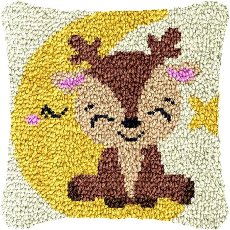 Latch Hook Kits Pillow Deer Crochet Yarn Cushion Colour Canvas Rug Needlework DIY Pillowcase Hook and Latch Kit Christmas Home Arts Crafts Sofa Decoration 43x43cm/17X17inch