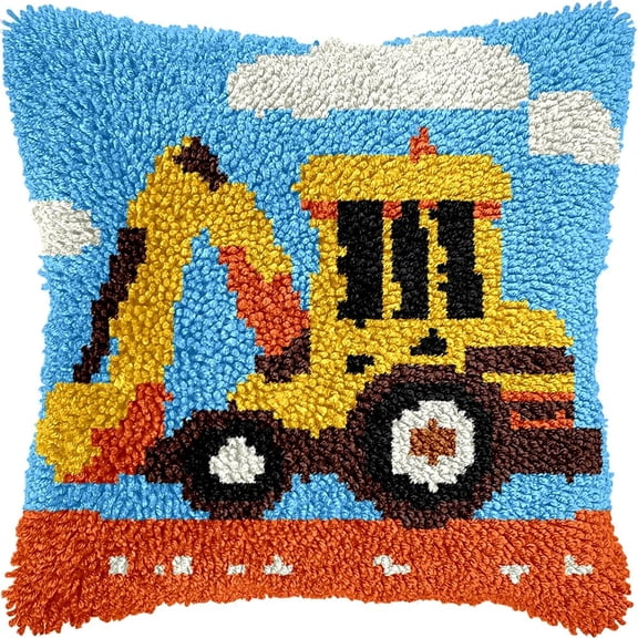 Latch Hook Kits Pillow Excavator Pattern 17X17 In Printed Canvas Cushion Crochet Yarn Needlework Hook Latch Kit Embroidery Pillowcase Rug Cover Sofa Christmas Decoration