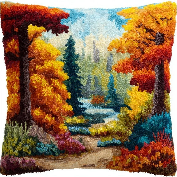 Latch Hook Kits Pillow Forest Scenery Crochet Yarn Cushion Colour Pre-Printed Canvas Rug Needlework Diy Pillowcase Hook And Latch Kit Christmas Home Arts Crafts Sofa Decoration 43X43Cm/17 X1