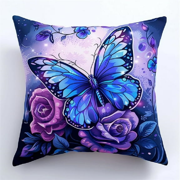 Latch Hook Kits Pillow Handmade Pillowcase Hook Latch Kit DIY Stitching Latch Hook Pillow Kit 17x17inch - Blue butterflies and flowers