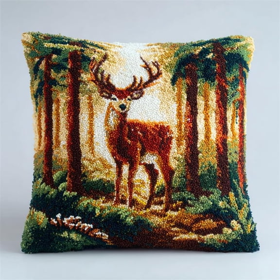 Latch Hook Kits Pillow Handmade Pillowcase Trees and deer Hook Latch Kit DIY Stitching Latch Hook Pillow Kit 17x17inch