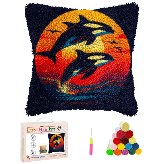 Latch Hook Kits Pillow Killer Whale Orcas with Sunset Stamped Pillowcase Handamade Crochet Yarn Hook and Latch Emboridery Throw Pillow cover for Home Sofa Decor 17x17inch(8)