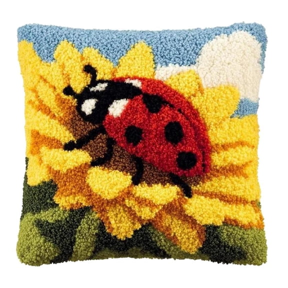 Latch Hook Kits Pillow Ladybugs On Sunflowers 17X17Inch Diy Handmade Cushion Crochet Yarn Embroidery Needlework Hook And Latch Kit Pillowcase Rug Cover Home Sofa Christmas Decorati