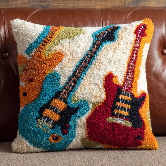 Latch Hook Kits Pillow Latch Hook Embroidery Kit Cartoon Guitar DIY Pillowcase 17x17inch