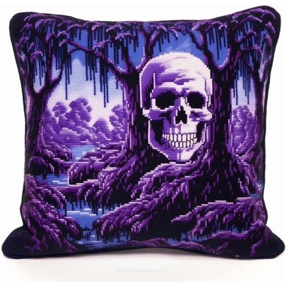 Latch Hook Kits Pillow Night View Skull Crochet Yarn Cushion Colour Pre-Printed Canvas Rug Needlework Diy Pillowcase Hook And Latch Kit Christmas Home Arts Crafts Sofa Decoration 43X43Cm/17