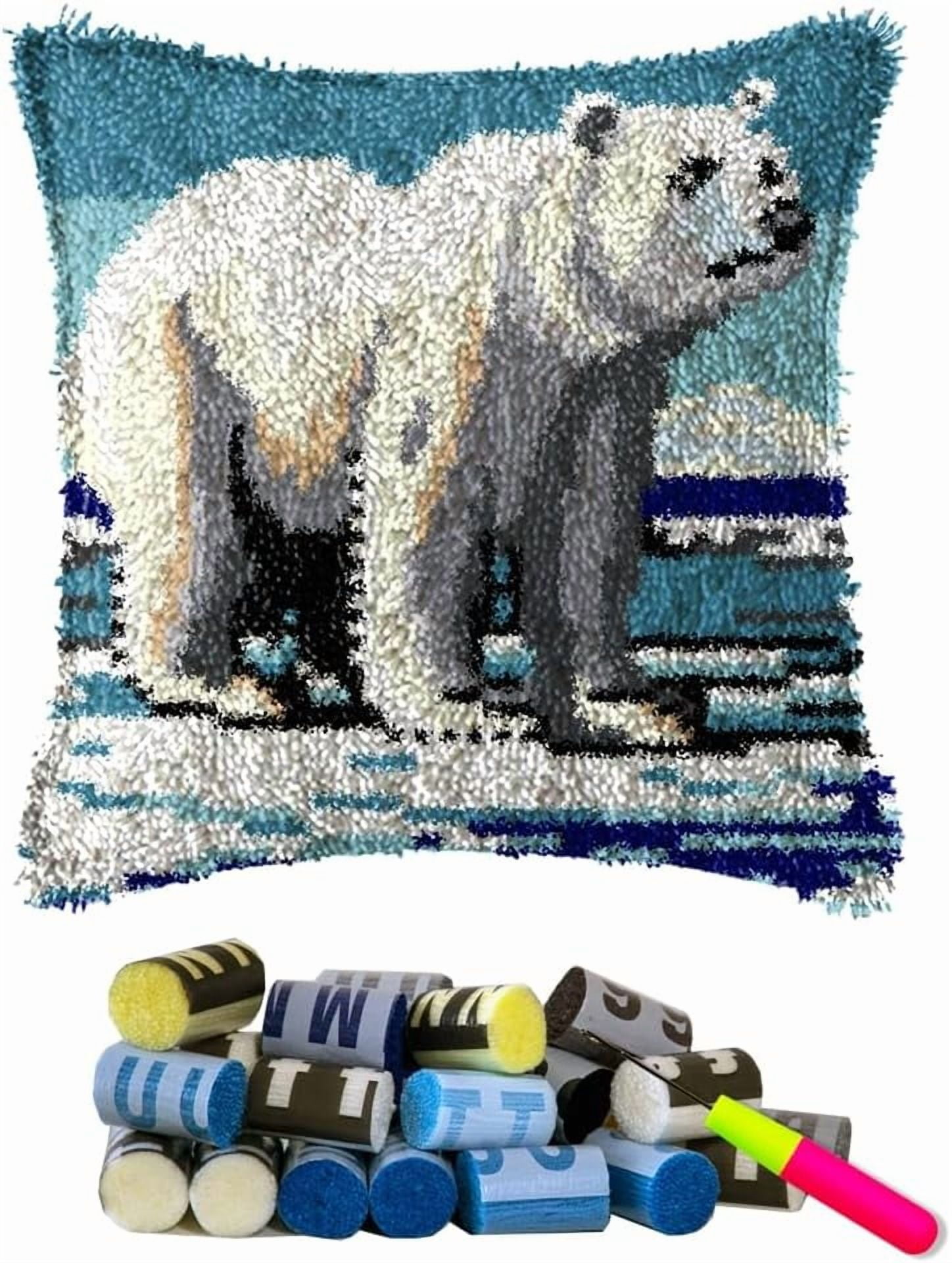 Latch Hook Kits Pillow Polar Bear Crochet Yarn Cushion Colour Printed Canvas Pillow Needlework DIY Pillowcase Hook and Latch Kit Christmas Home Arts Crafts Sofa Decoration 43x43cm/17X17inch