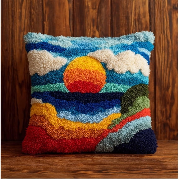 Latch Hook Kits Pillow Printed Canvas Diy Sunset Scenery 17X17 Inch Handmade Cushion Crochet Yarn Embroidery Needlework Hook Latch Kit Pillowcase Rug Cover Christmas Home Sofa Decoration
