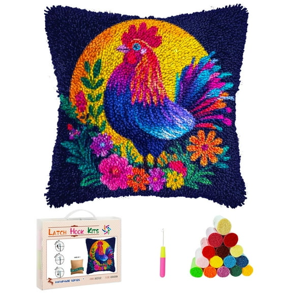 Latch Hook Kits Pillow Rainbow Color Rooster in Flowers Stamped Pillowcase Handamade Crochet Yarn Hook and Latch Emboridery Throw Pillow cover for Home Sofa Decor 17x17inch(35)